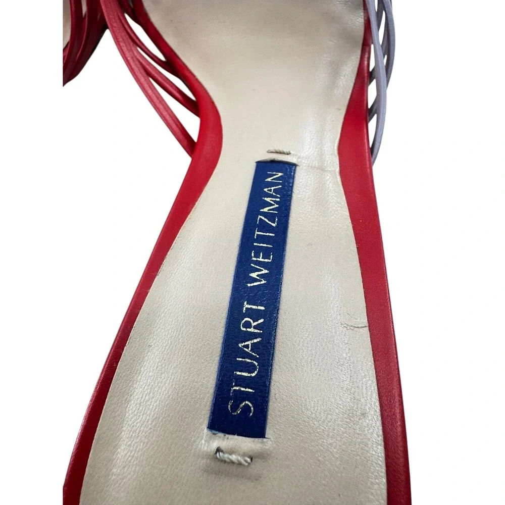 Stuart Weitzman Sidney Sandal Red Lavender Leather Strappy Knot Block Heel 7.5